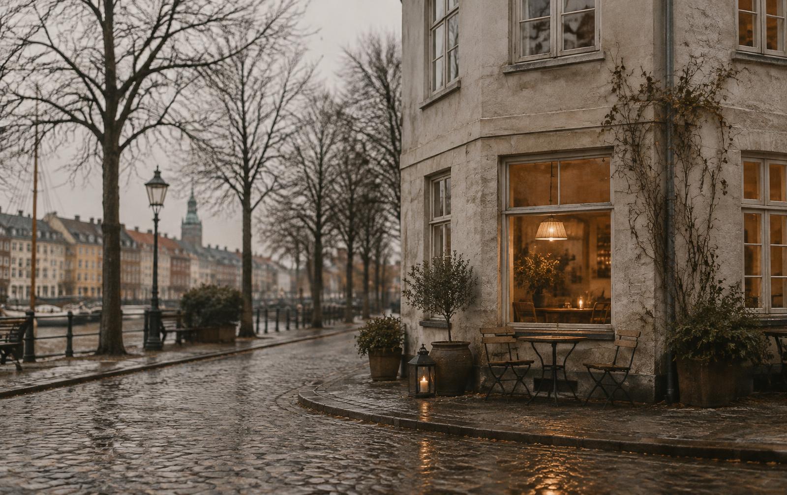 A quiet Copenhagen canal street on a grey winter afternoon, with a warm café window glowing beside a small table set outside